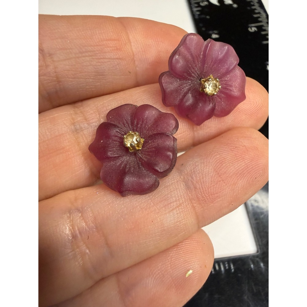 Purple Frosted Flower Stud Earrings Rhinestone Center Gold Tone Floral Posts